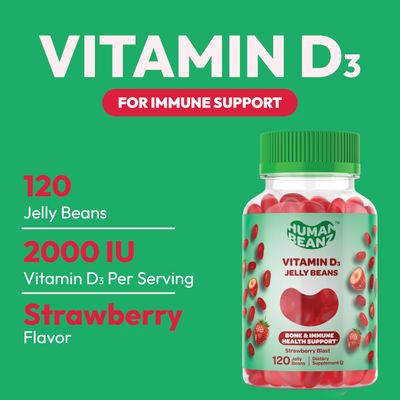 Human Beanz Vitamin D3 Jelly Bean Gummies for Adults, Immunity Support, 2000 IU Vitamin D, Nutritional Vegetarian Supplements, 120 Strawberry Blast Jelly Beans, Kosher