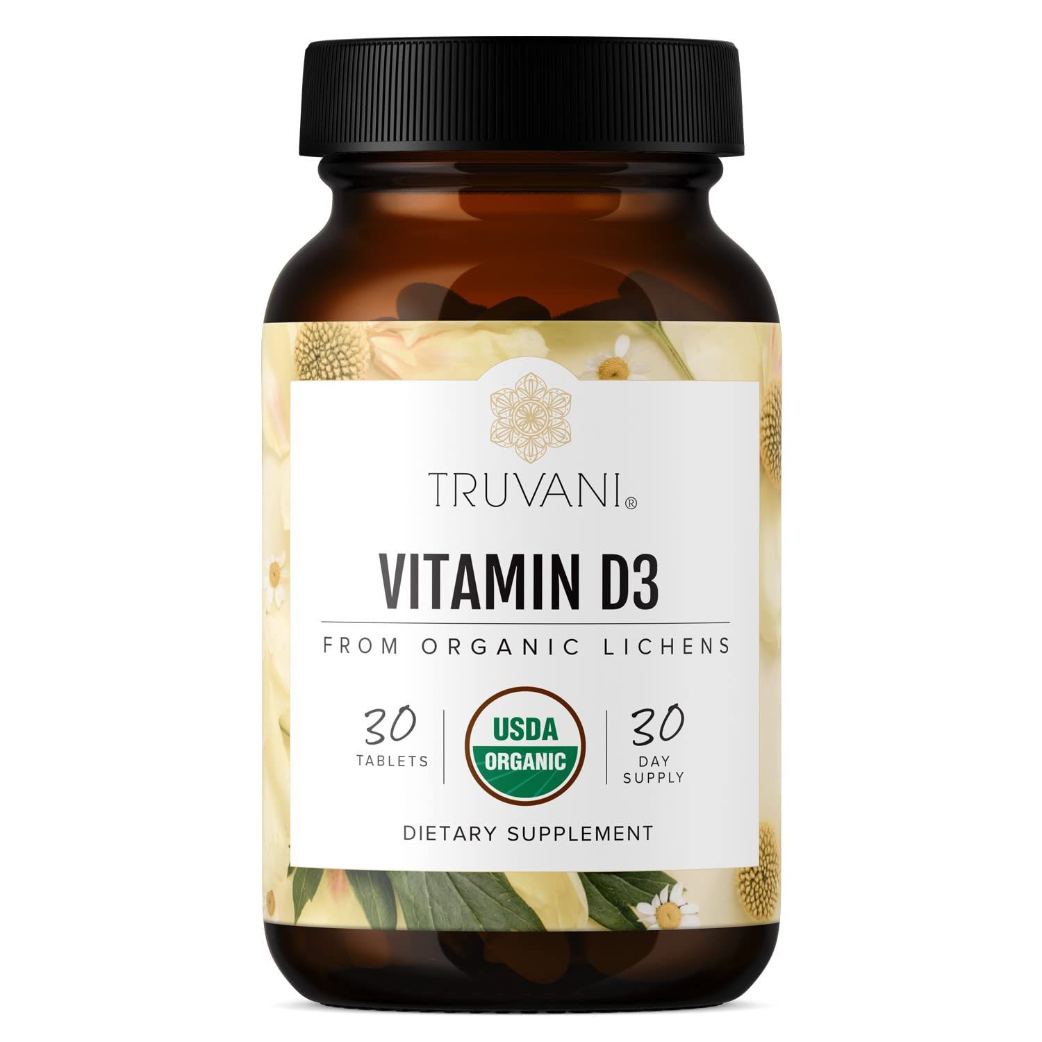 Truvani Organic Vitamin D3 - Plant-Based, USDA Organic, Gluten-Free, Non-GMO, Vegan D3 Supplement - Supports Bone, Immune &amp; Brain Health - 30 Tablets