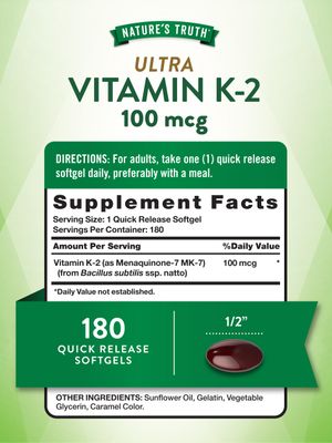 Nature's Truth Vitamin K2 MK7 Complex | 100 mcg | 180 Softgels | Non-GMO &amp; Gluten Free Supplement