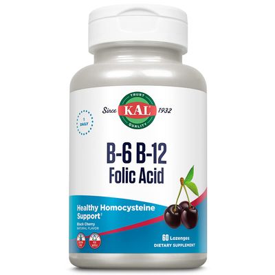 KAL Vitamin B-6 B-12 Folic Acid Supplement, B Vitamins for Healthy Energy, Heart &amp; Red Blood Cell Support, w/Vitamin B12 Methylcobalamin and Folate, Natural Cherry, Gluten Free, 60 Serv, 60 Lozenges