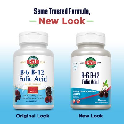 KAL Vitamin B-6 B-12 Folic Acid Supplement, B Vitamins for Healthy Energy, Heart &amp; Red Blood Cell Support, w/Vitamin B12 Methylcobalamin and Folate, Natural Cherry, Gluten Free, 60 Serv, 60 Lozenges