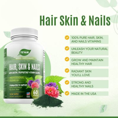 YEVANI 100% Pure Hair, Skin, and Nails Vitamins with Biotin Super Blend Formula, Designed to Support Radiant Beauty, Hair, Skin and Nail Health for Both Women and Men