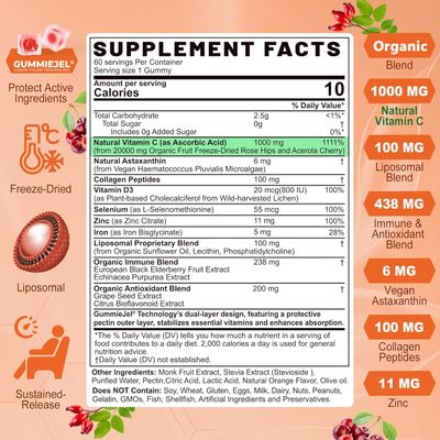 Liposomal Vitamin C 1000mg Filled Gummies for Adults & Kids 9+, 1660mg with Echinacea, Elderberry, D3, Zinc, Iron, Bioflavonoid, Astaxanthin - Natural Organic Chewable Vitamin C Gummies, Sugar Free