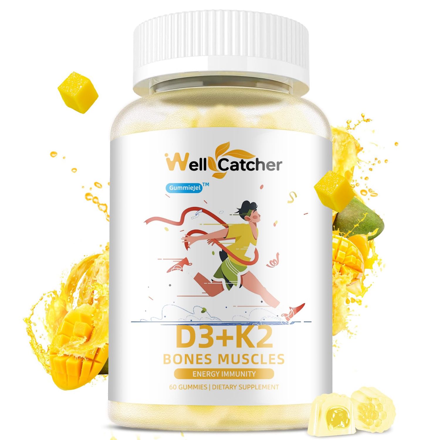 Wellcatcher Vitamin D3 K2 Gummies - Vitamin D3 5000 IU K2 (MK-7) 120mcg Supplements with Vitamin B Complex Sugar Free for Adults Supports Bone Teeth Strength Immune Mango Flavor 60 Counts 1 Pack