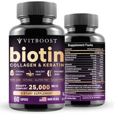 VITBOOST Biotin with Hyaluronic Acid, Collagen and Keratin - 25000 mcg Hair Growth Vitamins for Men and Women - Nails and Skin, USA Made - Third Party Tested, B1, B2, B3, B6, B7 Complex - 60 Capsules