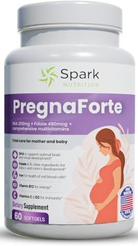 Pregnaforte 1 a day Prenatal multivitamin 2 month: Folic acid, Omega-3 DHA/EPA, Vit. A, B6, B12, C, D3, E &amp; Minerals: Calcium, Iron, Zinc, Magnesium - Pre, During &amp; Post Pregnancy, Non-GMO Gluten Free