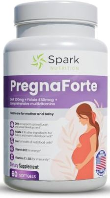 Pregnaforte 1 a day Prenatal multivitamin 2 month: Folic acid, Omega-3 DHA/EPA, Vit. A, B6, B12, C, D3, E &amp; Minerals: Calcium, Iron, Zinc, Magnesium - Pre, During &amp; Post Pregnancy, Non-GMO Gluten Free