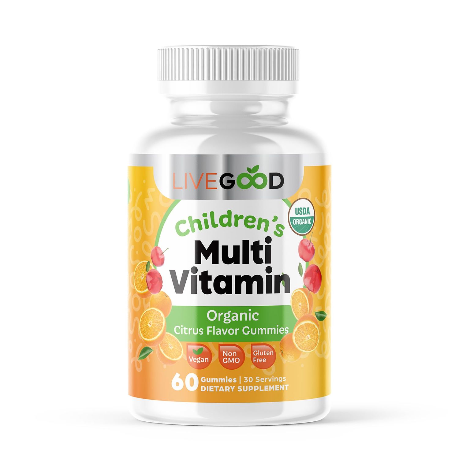 LIVEGOOD Organic Childrens Multivitamin Gummies, Chewable Daily Supplement with Vitamin C &amp; Zinc for Kids, Citrus Flavor, 60 Gummies