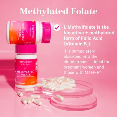 Pink Stork Folate: Methyl Folate - MTHFR Acid, Natural Form of Folic Acid for Pregnancy, Formulated for Mom + Baby, Women-Owned, 60 Capsules (Packaging May Vary)