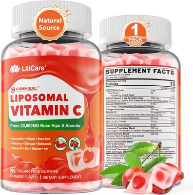 Liposomal Vitamin C 1000mg Filled Gummies for Adults &amp; Kids 9+, 1660mg with Echinacea, Elderberry, D3, Zinc, Iron, Bioflavonoid, Astaxanthin - Natural Organic Chewable Vitamin C Gummies, Sugar Free