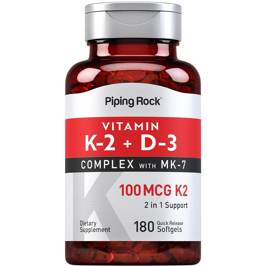 Piping Rock Vitamin K2 D3 Supplement | 100 mcg | 180 Softgels | MK-7 Complex | Non-GMO, Gluten Free
