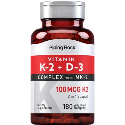 Piping Rock Vitamin K2 D3 Supplement | 100 mcg | 180 Softgels | MK-7 Complex | Non-GMO, Gluten Free