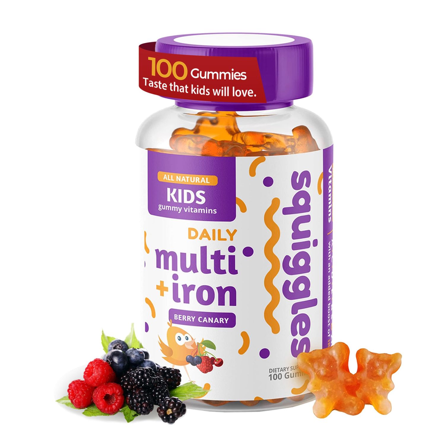 Squiggles Kids Multivitamin + Iron Gummies 100ct. | All-Natural, Low Sugar, and Super Yummy | Broad Spectrum of Vitamins and Minerals with a Boost of Iron.