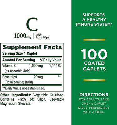 Nature's Bounty Vitamin C 1000 mg Plus Rose Hips Caplets 100 ea (Pack of 2)