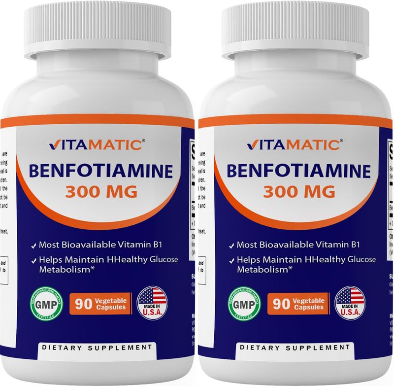 Vitamatic Benfotiamine 300 mg 90 Vegetarian Capsules - Also Called Fat Soluble Vitamin B1 (90 Count (Pack of 1)) (2 Bottles)