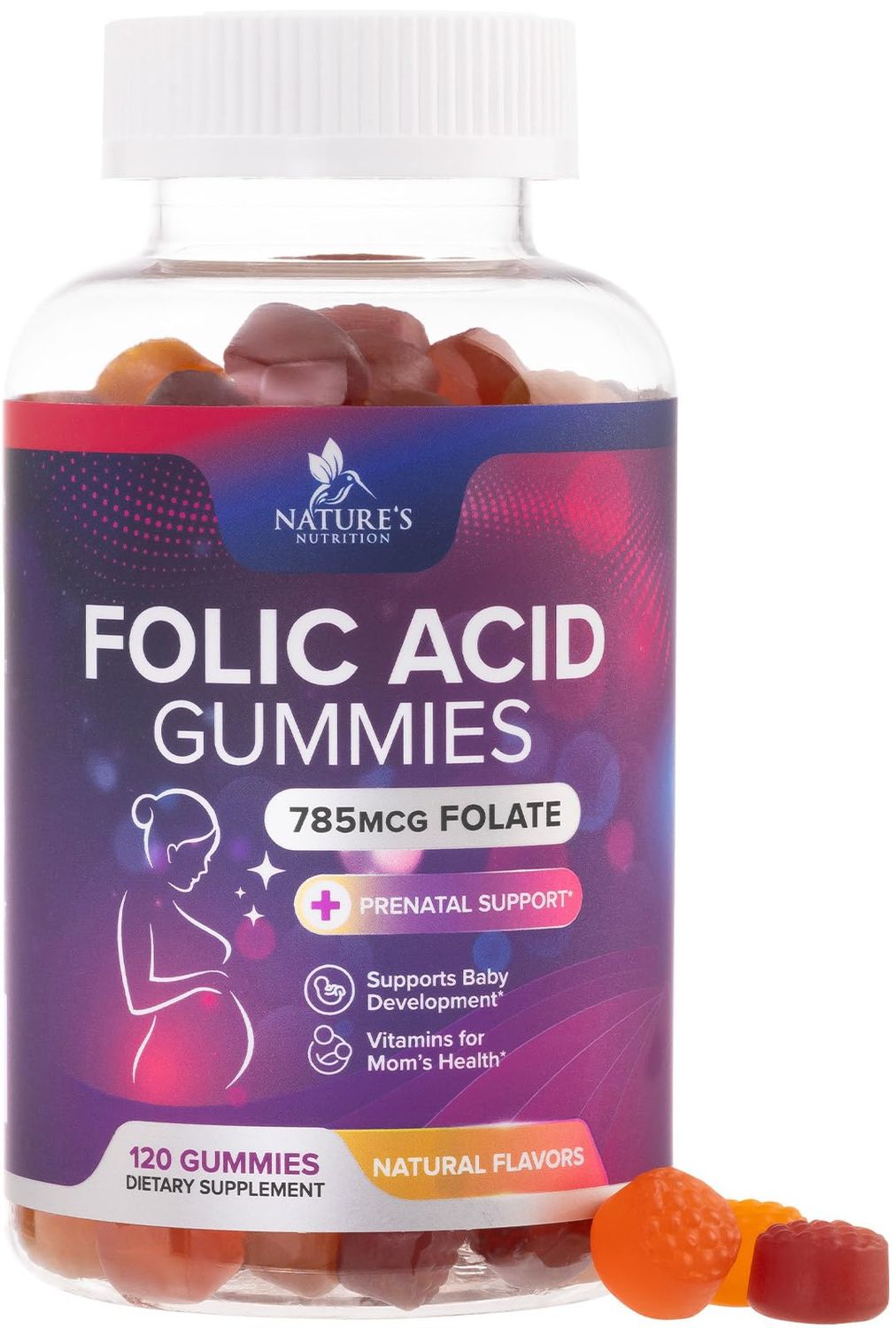Folic Acid Gummies for Women 785 mcg, Essential Prenatal Vitamins for Mom &amp; Baby, Vegan Folic Supplement Gummy, Vitamin B9 Chewable Extra Strength Folate, Before During After Pregnancy - 120 Gummies