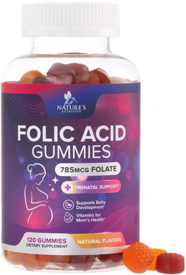 Folic Acid Gummies for Women 785 mcg, Essential Prenatal Vitamins for Mom &amp; Baby, Vegan Folic Supplement Gummy, Vitamin B9 Chewable Extra Strength Folate, Before During After Pregnancy - 120 Gummies