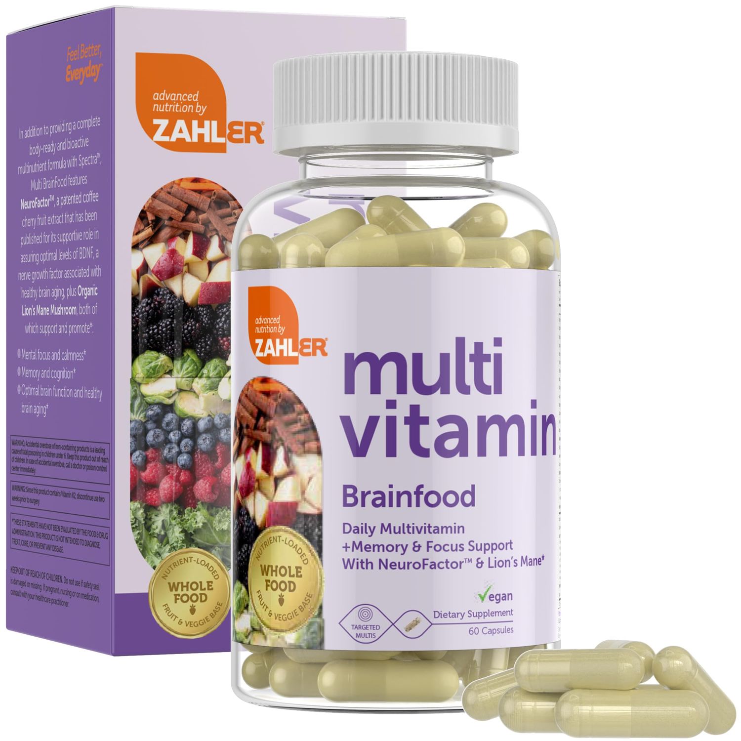 Zahler - Multivitamin Brain Supplement (60 Count) Kosher Brainfood Capsules for Adults with Neuro Factor &amp; Lion&#39;s Mane - Nootropic Brain Supplements for Memory Support - Focus Mental Energy Boost