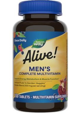 Nature&#39;s Way Alive! Men&#39;s Complete Daily Multivitamin, Supports Energy Metabolism &amp; Muscle Function*, with B-Vitamins, Gluten Free, 130 Tablets (Packaging May Vary)