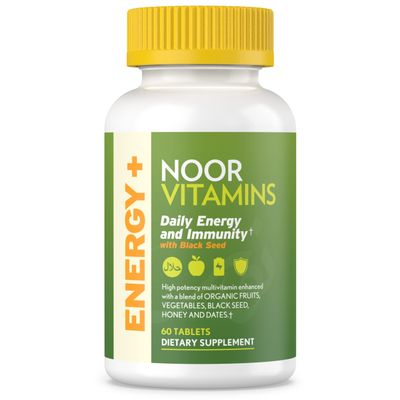 Noor Vitamins Energy+ Multivitamin; Halal Vitamin for Energy Production &amp; Immunity, 26 Vitamins &amp; Minerals, Black Seed, Dates, Honey, for Men &amp; Women. Gelatin Free, 2 Month Supply