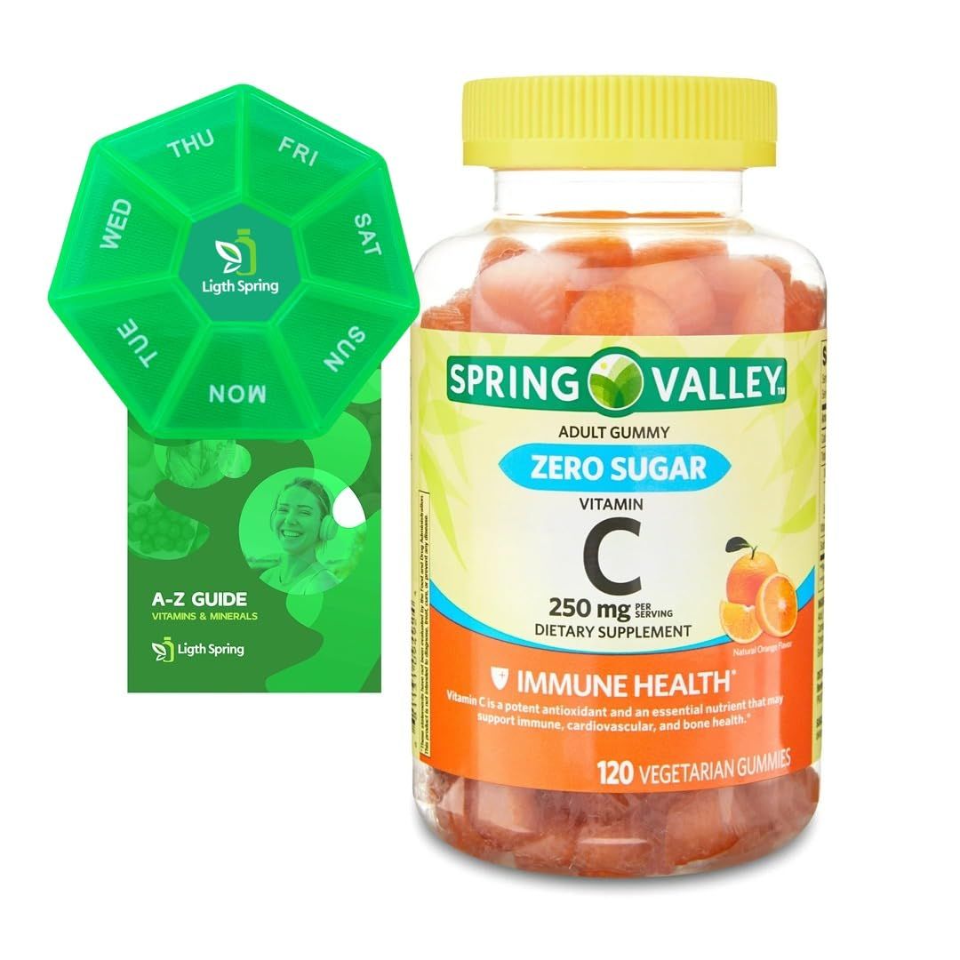 Spring Valley Zero Sugar Vitamin C Gummies Dietary Supplement, 250 mg, 120 Ct Bundle with Exclusive Vitamins &amp; Minerals - A to Z - Better Ligth&amp;Spring Guide + Weekly Pill Organizer (3 Items)