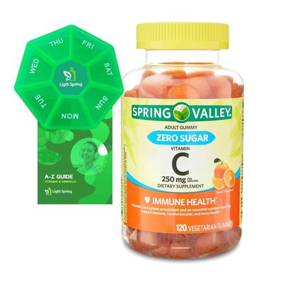 Spring Valley Zero Sugar Vitamin C Gummies Dietary Supplement, 250 mg, 120 Ct Bundle with Exclusive Vitamins &amp; Minerals - A to Z - Better Ligth&amp;Spring Guide + Weekly Pill Organizer (3 Items)