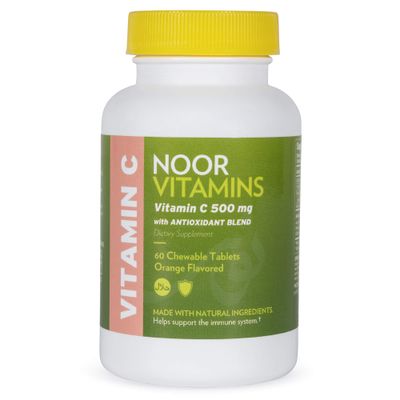 Noor Vitamins 500 MG Halal Vitamin C Chewable Tablets + Rose HIPS and Antioxidants I Supports Immune System I Vegan, Gluten Free &amp; Halal Vitamin 60 Orange Flavored Chewable Tablets I 2 Month Supply
