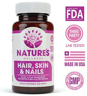 Natures Wellness Hair, Skin &amp; Nails Essential Nourishing Supplement, 60-Count | 4000mcg Biotin + Vitamins A, C and E, B Complex Vitamins, and Advanced Nutrients per Capsule | 100% All-Natural