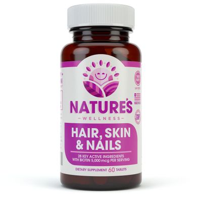 Natures Wellness Hair, Skin &amp; Nails Essential Nourishing Supplement, 60-Count | 4000mcg Biotin + Vitamins A, C and E, B Complex Vitamins, and Advanced Nutrients per Capsule | 100% All-Natural
