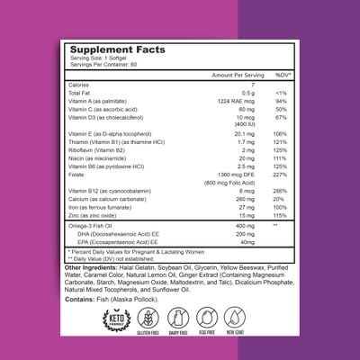 Zaytun Vitamins Halal Prenatal Vitamins + DHA, Folic Acid Iron, Ginger for Soothing, One Daily, for All Pregnancy Stages, Gluten Free, Non-GMO, 60 Softgels, 2 Months Supply, USA Made, Halal Vitamins