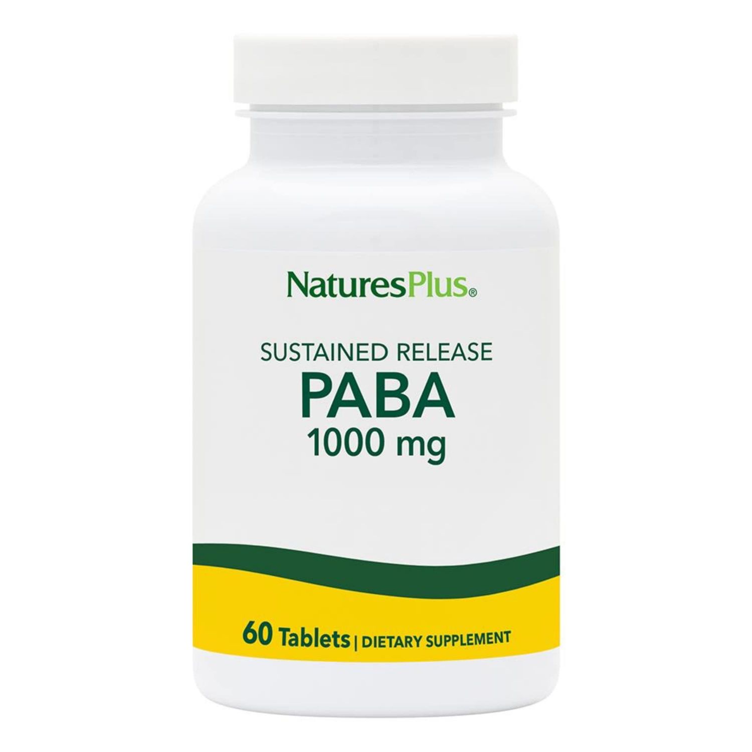 Natures Plus PABA, Sustained Release (para-Aminobenzoic Acid) - 1000 mg, 60 Vegetarian Tablets - Skin Health Support Supplement, Promotes Energy Production - Gluten-Free - 60 Servings