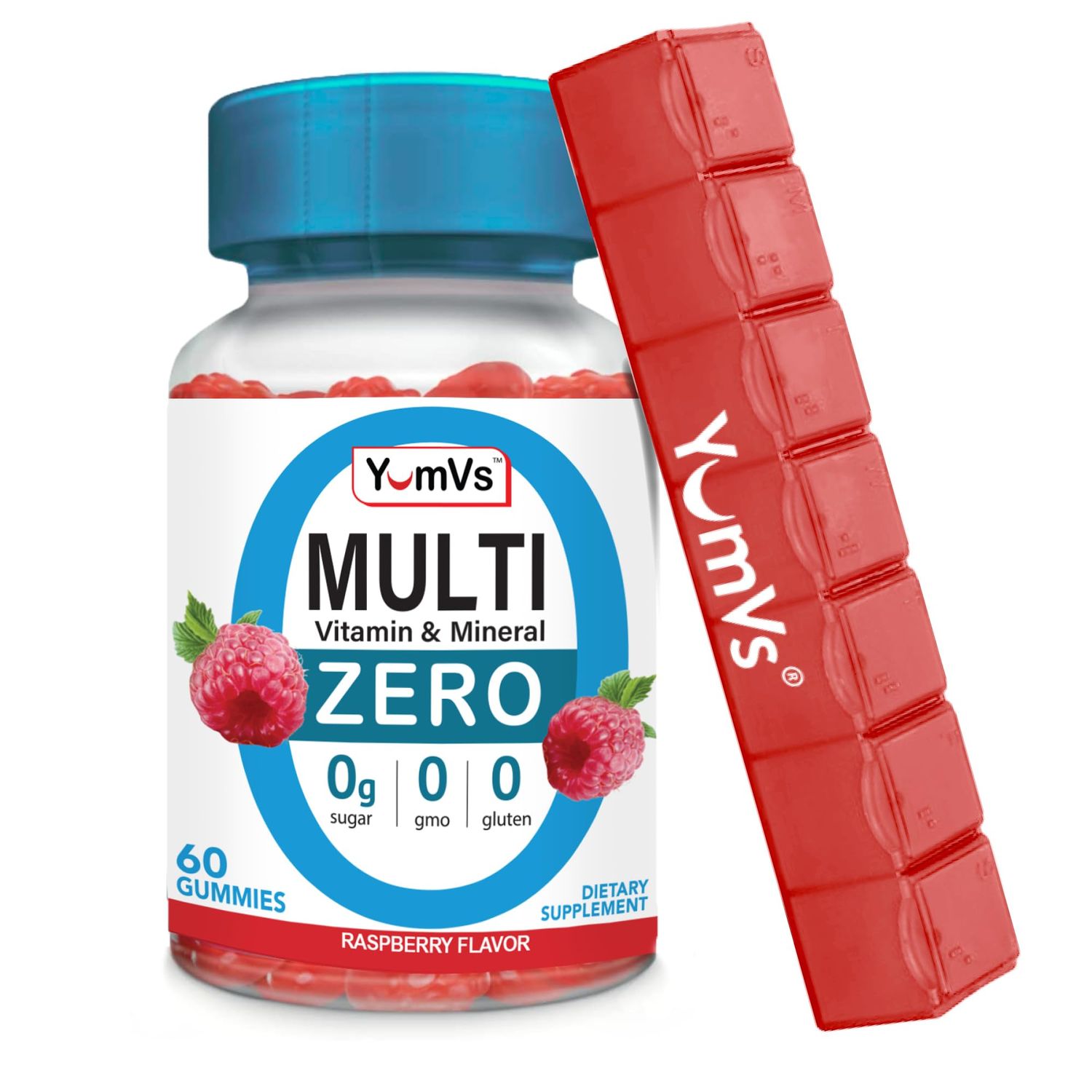 YUM-V&#39;S Multivitamin Zero Gummies by YumVs | Sugar-Free Vitamins Supplement for Women &amp; Men | Chromium, Thiamine, and Magnesium | Natural Raspberry Flavor Chewables - 60 Count - Red Pillbox
