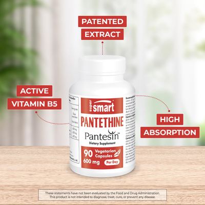 Supersmart - Pantesin Pantethine 600 mg per Day (Pantothenic Acid) - Active Vitamin B5 Supplement | Non-GMO &amp; Gluten Free - 90 Vegetarian Capsules