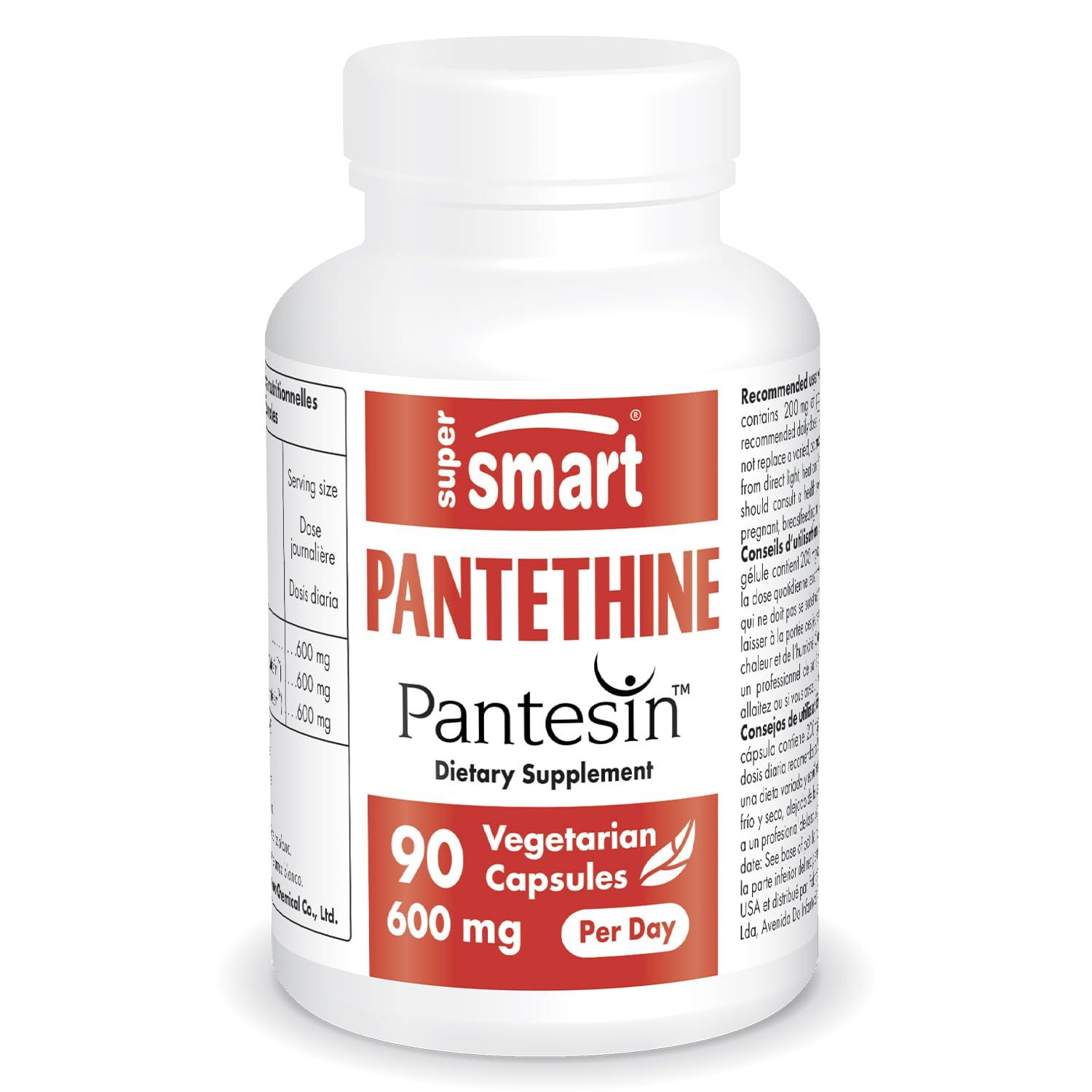 Supersmart - Pantesin Pantethine 600 mg per Day (Pantothenic Acid) - Active Vitamin B5 Supplement | Non-GMO &amp; Gluten Free - 90 Vegetarian Capsules