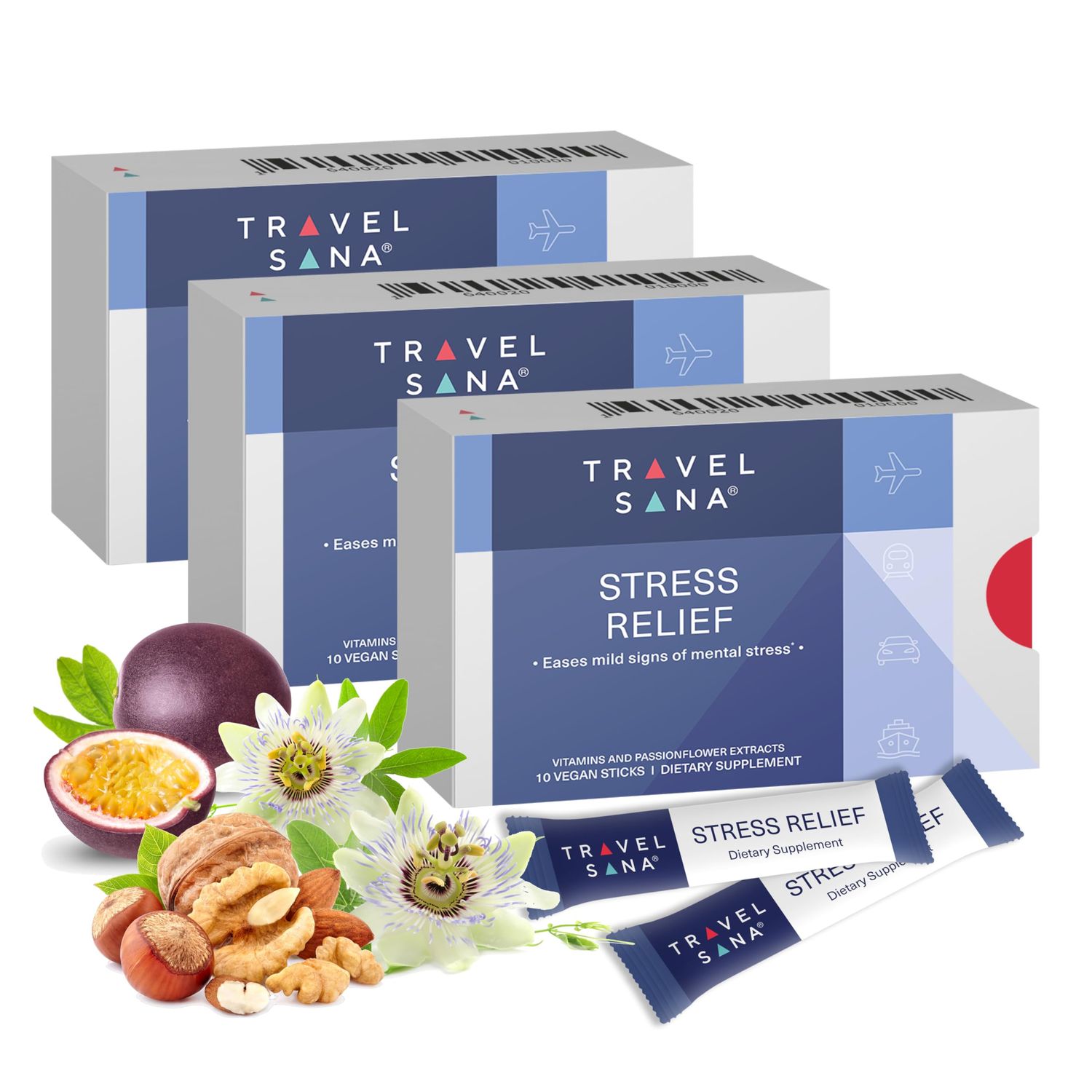 TRAVELSANA Stress Relief |Passionflower 200mg |Vitamin B6 and B12 |Premium |Natural Supplement |Relieves Stress While Traveling |Fast-Acting | 10 Sticks (Pack of 3)