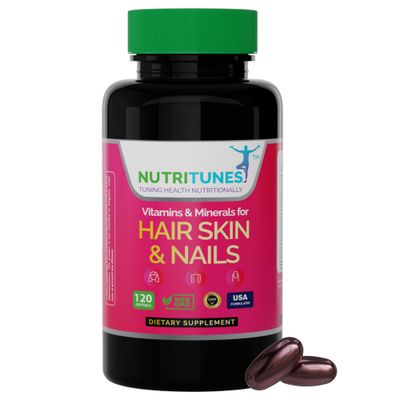 Nutritunes Hair, Skin, &amp; Nails Multivitamins &amp; Minerals - Biotin, Folate, Vitamin C, D3, E B-6 &amp; B-12 Supports Hair, Skin, &amp; Nail Health - Non-GMO, GMP-Certified (120 Softgel Capsules)