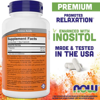 NOW Foods L-Theanine, Double Strength 200 mg Per Cap - 180 Veg Capsules - Enhanced with 100mg Inositol - Vegetarian, Non-GMO - Ltheanine 200mg Supplement