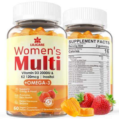 Womens Multivitamin Gummies, Sugar-Free Methylated Multivitamins w/D3 + K2, Vegan Omega 3, Algae Calcium, Daily Vitamin A C E B6 B12 Folate, Inositol, Minerals for Energy, Mood, Bone, Hormore, 60 Cts