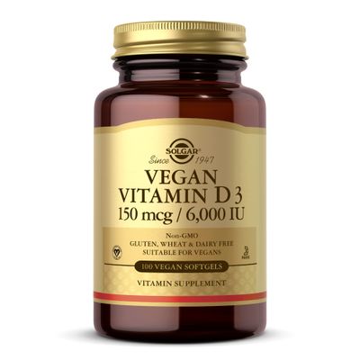 Solgar Vegan Vitamin D3 (Cholecalciferol) 150 mcg (6,000 IU) - 100 Softgels - Immune Support, Helps Maintain Healthy Bones &amp; Teeth - Non-GMO, Certified Vegan, Gluten &amp; Dairy Free - 100 Servings