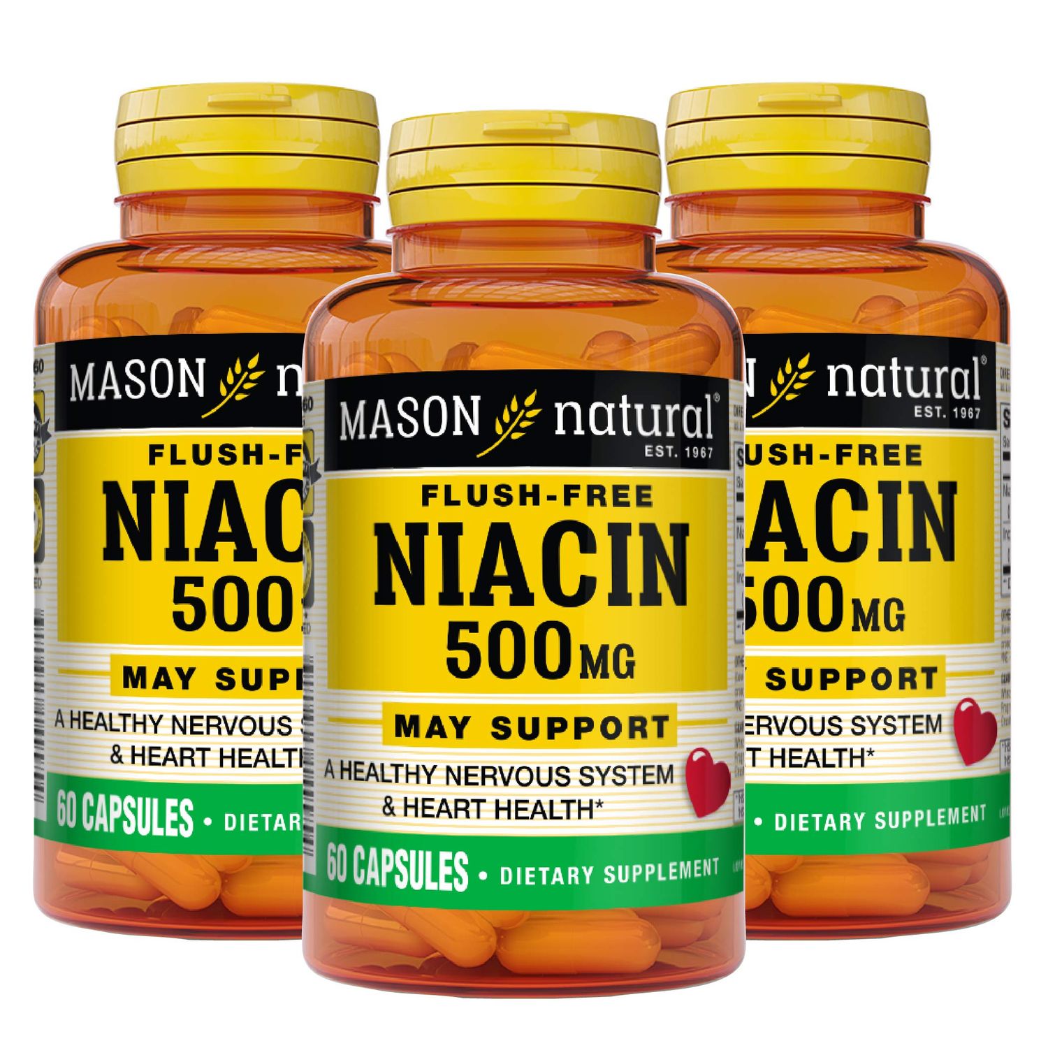 MASON NATURAL Niacin 500 mg Flush Free - Supports Healthy Nervous System and Heart, Improved Energy Production, 60 Capsules (Pack of 3)