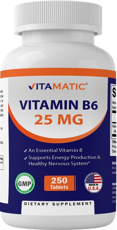 Vitamatic Vitamin B6 (Pyridoxine HCI), 25 mg 250 Vegetarian Tablets - Promotes Energy Production, boosts Metabolism and Immune Health Support