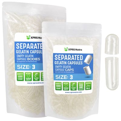 XPRS Nutra Gelatin Size 3 Separated Capsules - 1000 Count Empty Capsules Separated in Bags - Clear Empty Pill Capsules - Size 3 Gelatin Capsules - Pill Capsules Empty for DIY Supplement Filling