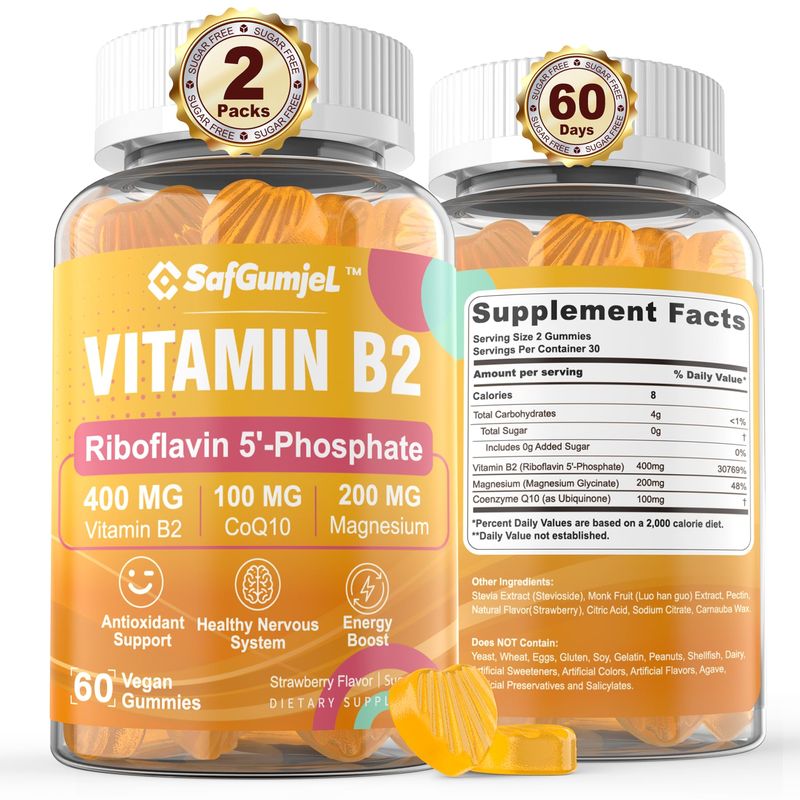Bioactive Form Vitamin B2 Riboflavin 400mg Gummies,Riboflavin-5-Phosphate,Energy,Skin&amp;Cellular Health Supplement,Nervous System Support,Sugar Free B2 Vitamin 400mg with Magnesium,CoQ10,Vegan,120 Cts