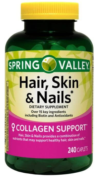 Spring Valley - Hair, Skin &amp; Nails, Over 20 Ingredients Including Biotin and Collagen, 240 Caplets + Small Vitamin Box (Color Varies)