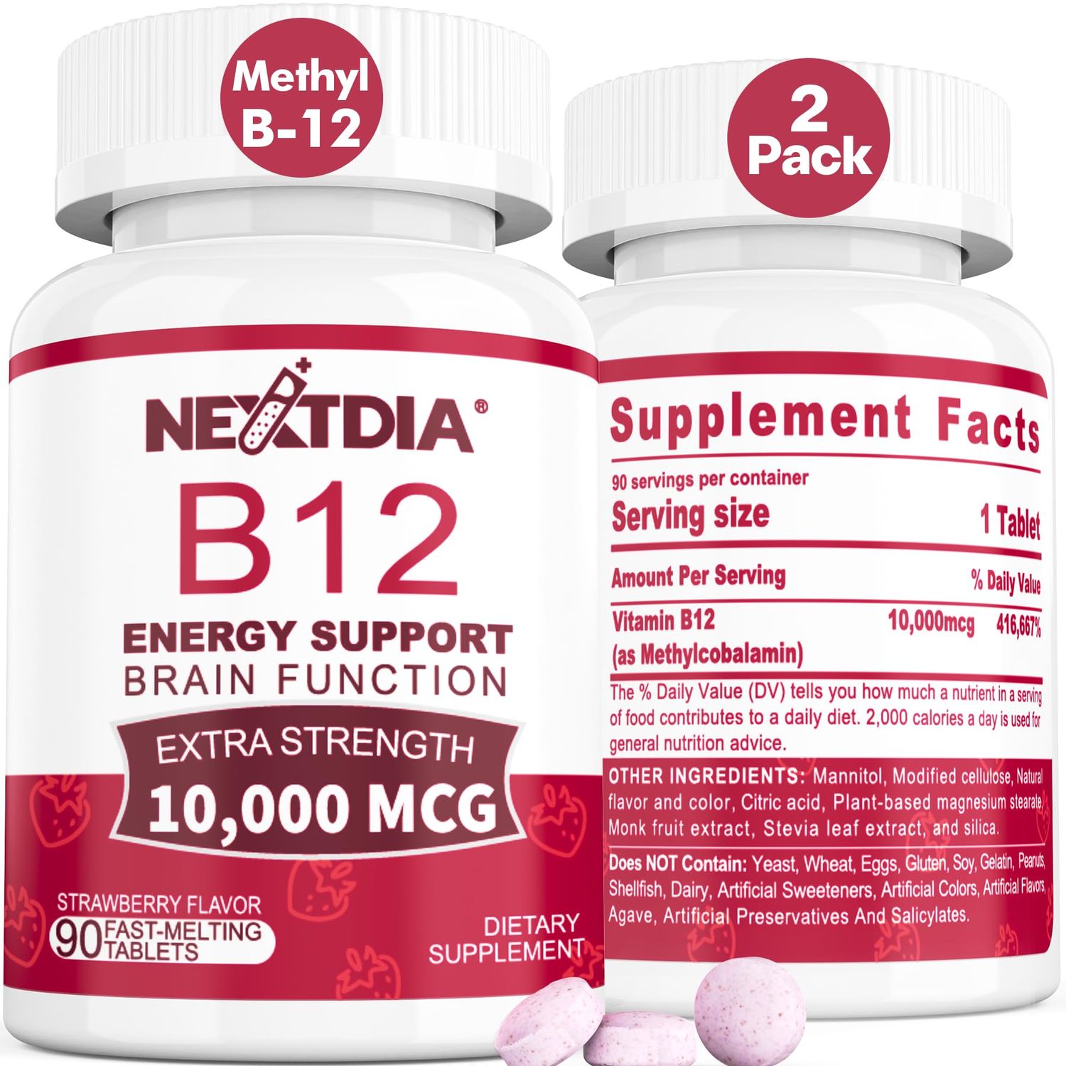 B12 Vitamins 10,000 mcg, Methylated Vitamin B12 Sublingual - Energy Boost, Focus, Metabolism &amp; Brain Health Support, Immune System Support, Fast Dissolve, Natural Strawberry Flavor, 180 Servings