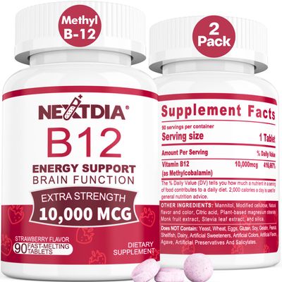 B12 Vitamins 10,000 mcg, Methylated Vitamin B12 Sublingual - Energy Boost, Focus, Metabolism &amp; Brain Health Support, Immune System Support, Fast Dissolve, Natural Strawberry Flavor, 180 Servings