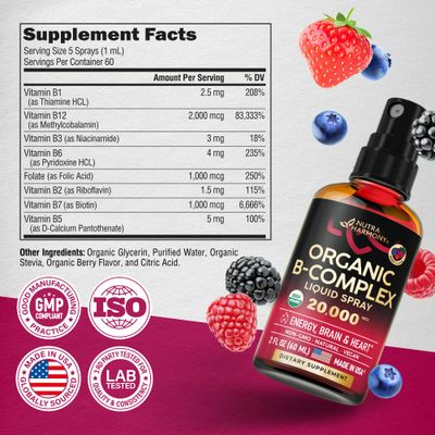 USDA Organic Vitamin B-Complex Liquid Spray 8-in-1 - B5 Pantothenic Acid | B12 Methylcobalamin | B1 Thiamine | B6 Pyridoxine | B7 Biotin | B9 Folic | B3 Niacinamide - Made in USA Supplement, 2fl oz
