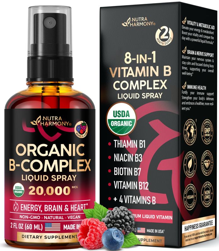 USDA Organic Vitamin B-Complex Liquid Spray 8-in-1 - B5 Pantothenic Acid | B12 Methylcobalamin | B1 Thiamine | B6 Pyridoxine | B7 Biotin | B9 Folic | B3 Niacinamide - Made in USA Supplement, 2fl oz