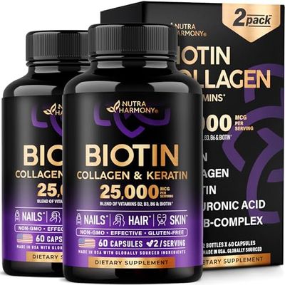 Biotin | Collagen | Keratin | Hyaluronic Acid - Clinically Tested Supplement - Hair Growth Support - Skin &amp; Nails Complex 25000 mcg - B2 | B3 | B6 | B7 - Made in USA - For Women &amp; Men | 120 Capsules