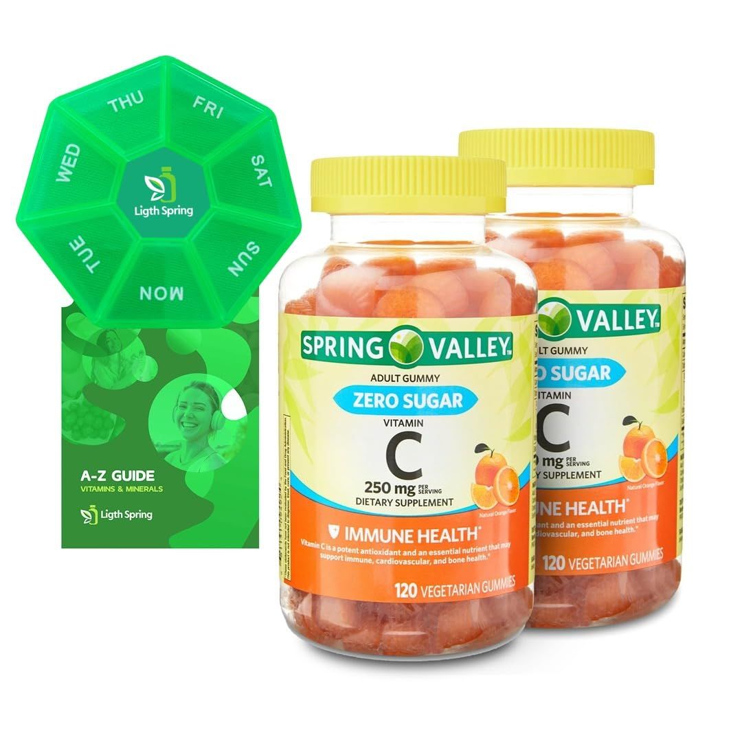 Spring Valley Zero Sugar Vitamin C Gummies Dietary Supplement, 250 mg, 120 Ct (2 Pack) Bundle with Exclusive Vitamins &amp; Minerals - A to Z -Better Ligth&amp;Spring Guide + Weekly Pill Organizer (4 Items)